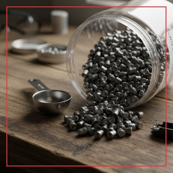 A large, open container (could be a jar, tub, or bag) overflowing with air gun pellets is centered, with a few spilled out naturally