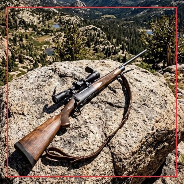 A rugged 1:1 environmental photograph of a high-power hunting rifle resting securely on a granite boulder, overlooking a vast, Colorado mountains.