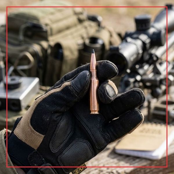 A detailed 1:1 close-up of a hand in a technical glove holding a single specialized, ballistic-tipped centerfire rifle projectile, examining its construction, against a blur of technical gear.