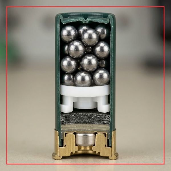 A technical macro cross-section view illustrating the precise internal components of a generic 12-gauge birdshot shell, showing the layered powder, custom wad, and uniform lead shot, highlighting the quality shotshell ammo available in Longmont.
