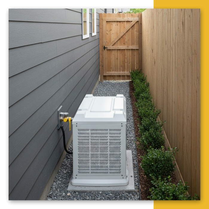 A compact, light gray home standby generator installed in a narrow gravel side yard between a residential house and a wooden fence, demonstrating a small footprint installation.