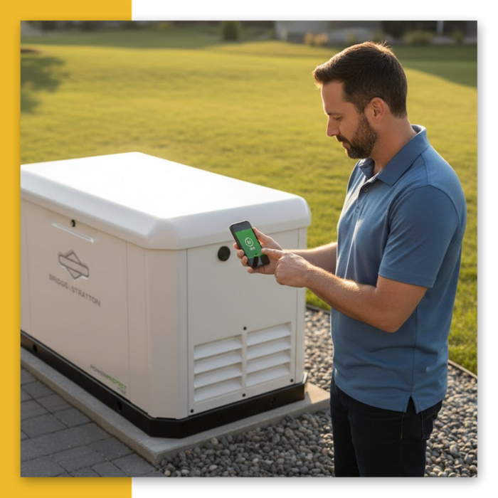A homeowner in a sunny backyard using a smartphone app to monitor a PowerProtect™ 22kW home standby generator during its quiet 16-second Eco-Cise™ weekly test cycle.
