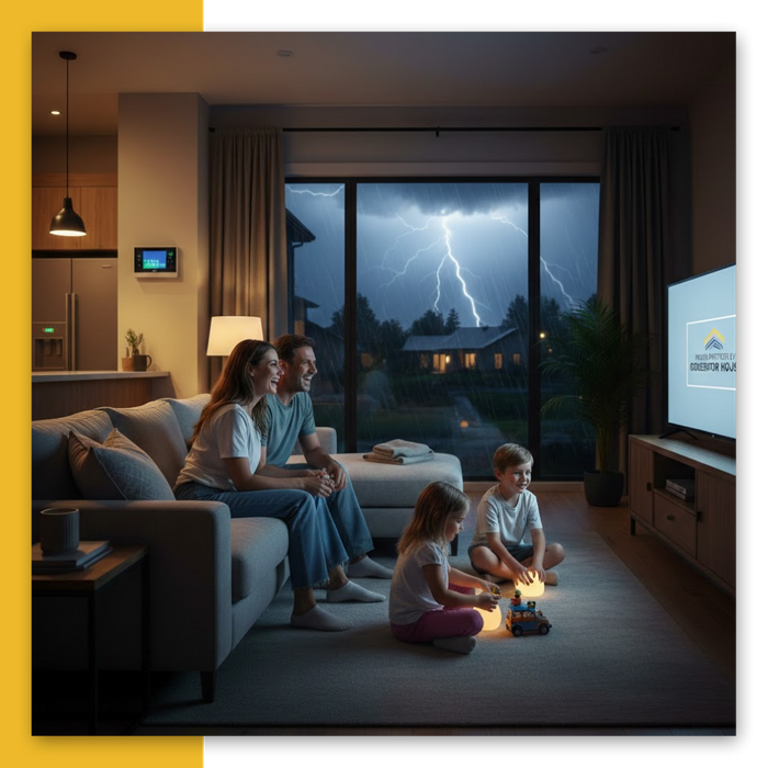 family watching tv during storm