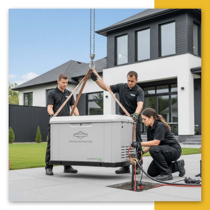 generator being installed by three technicians