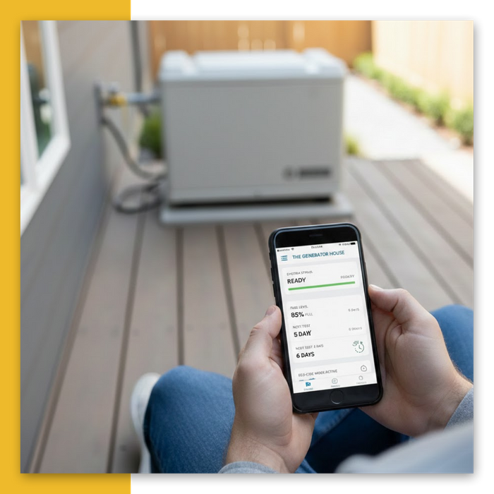 A person holding a smartphone displaying a remote monitoring app with system status updates, with a light gray standby generator visible in the blurred background on a home deck.