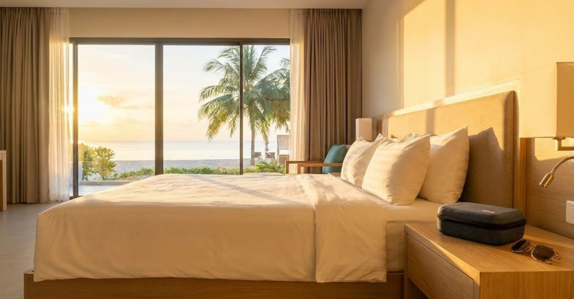 A sunlit hotel room overlooking a tropical beach at sunrise, featuring a small travel case for sleep devices and sunglasses on the bedside table. A sunlit hotel room overlooking a tropical beach at sunrise, featuring a small travel case for sleep devices and sunglasses on the bedside table.