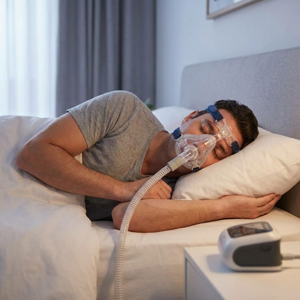 A person sleeping comfortably with a CPAP mask on, representing treatment for sleep-related breathing issues.