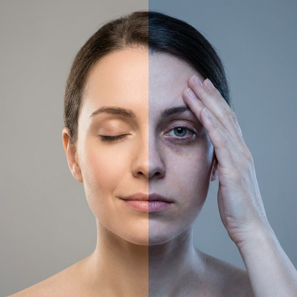 Split-face portrait comparing a rested woman on one side with an exhausted woman on the other.