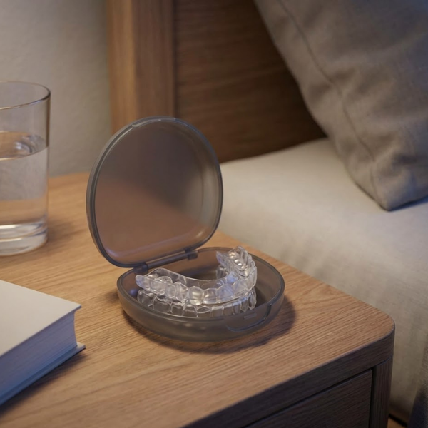 A custom dental oral appliance for sleep apnea resting in an open case on a bedside table.