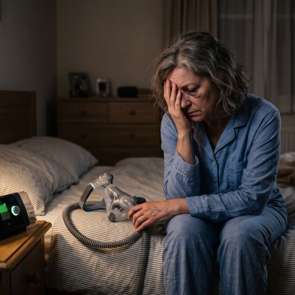 tired woman sitting on her bed in the middle of the night CPAP Alternative highlands ranch 1.jpg
