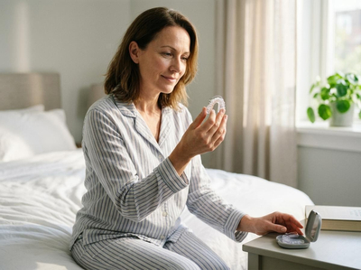 A smiling woman in striped pajamas sits on a bed, holding a clear dental aligner. Its case is open on the nightstand beside her. Woman holding dental aligner in pajamas