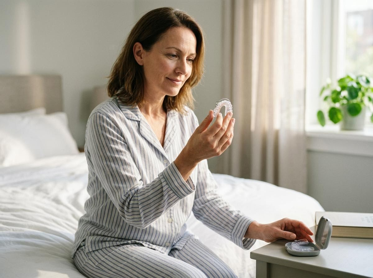 Woman holding dental aligner in pajamas