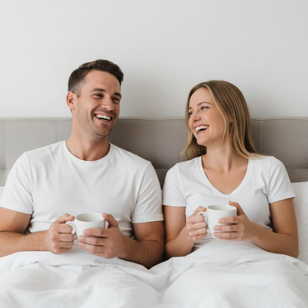 happy couple laughing in bed having coffee happy couple laughing in bed having coffee