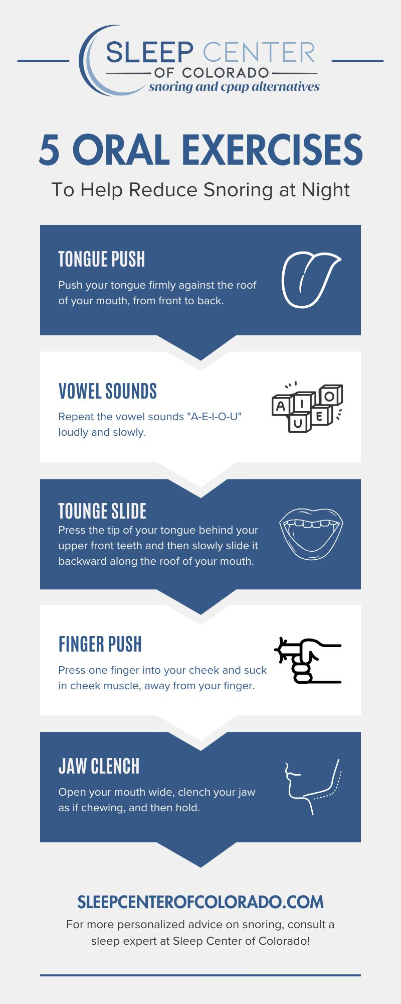Infographic titled 5 Oral Exercises to Help Reduce Snoring at Night