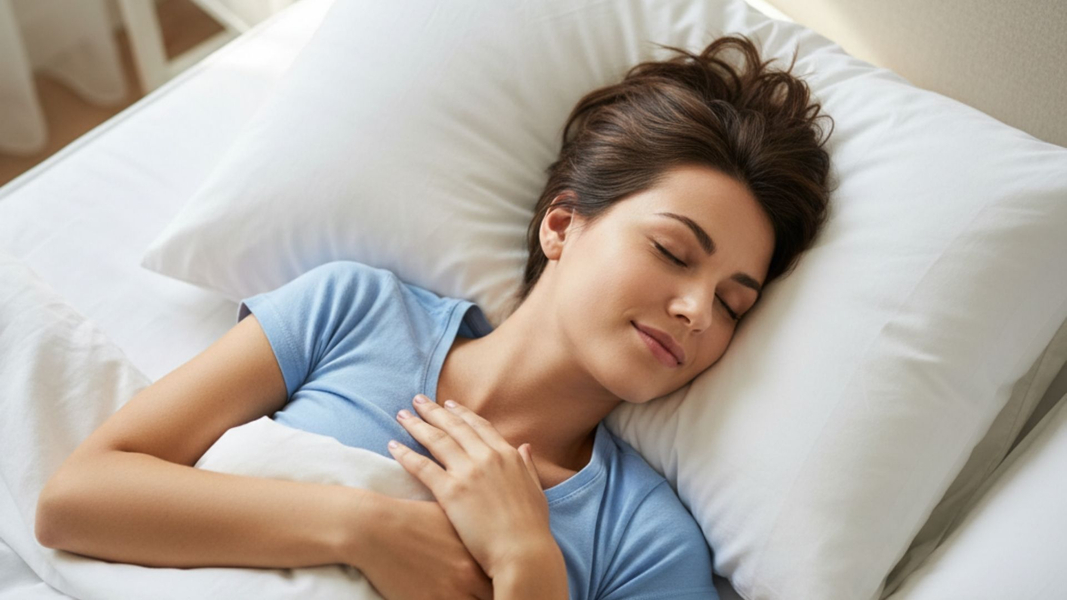 overhead shot of a person sleeping peacefully in bed