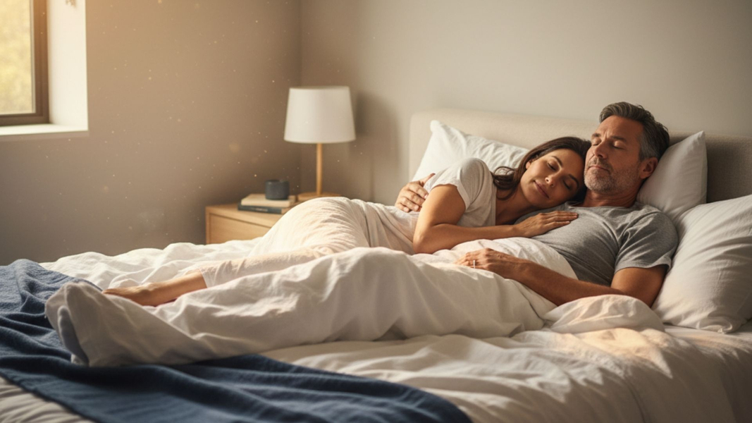 couple happily sleeping in bed together 
