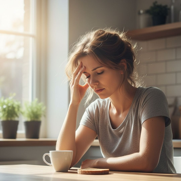 Person rubbing temples with a headache at a breakfast table