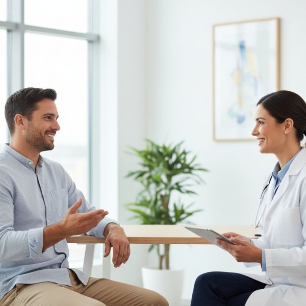 Patient consulting doctor, relaxed and engaged expressions, clinic setting Patient consulting doctor, relaxed and engaged expressions, clinic setting