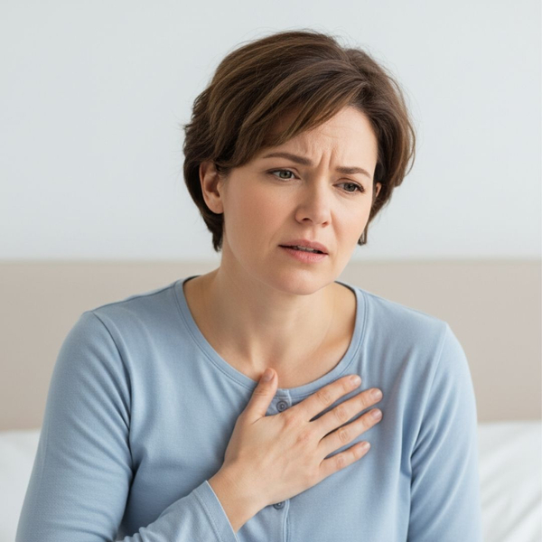 Person waking up uncomfortably, clutching their chest Person waking up uncomfortably, clutching their chest