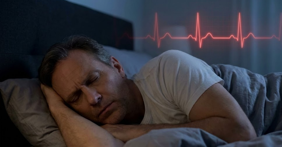 A restless sleeper with a glowing heart monitor graphic in the background, symbolizing the link between poor sleep and cardiovascular stress. A restless sleeper with a glowing heart monitor graphic in the background, symbolizing the link between poor sleep and cardiovascular stress.