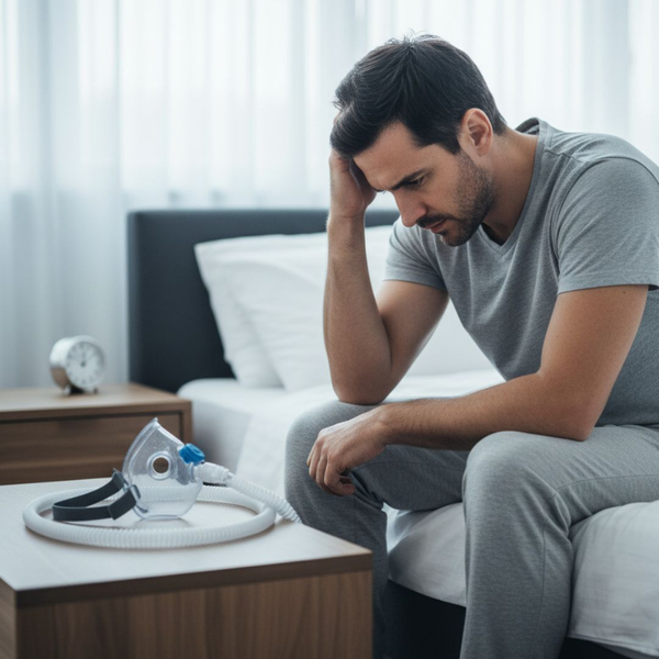 A man frustrated with a CPAP machine. A man frustrated with a CPAP machine.