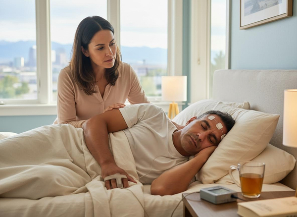 Woman comforting man during home sleep study