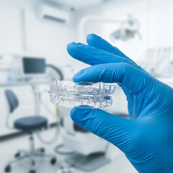 A doctor's gloved hand holding a transparent oral sleep appliance in a medical office.