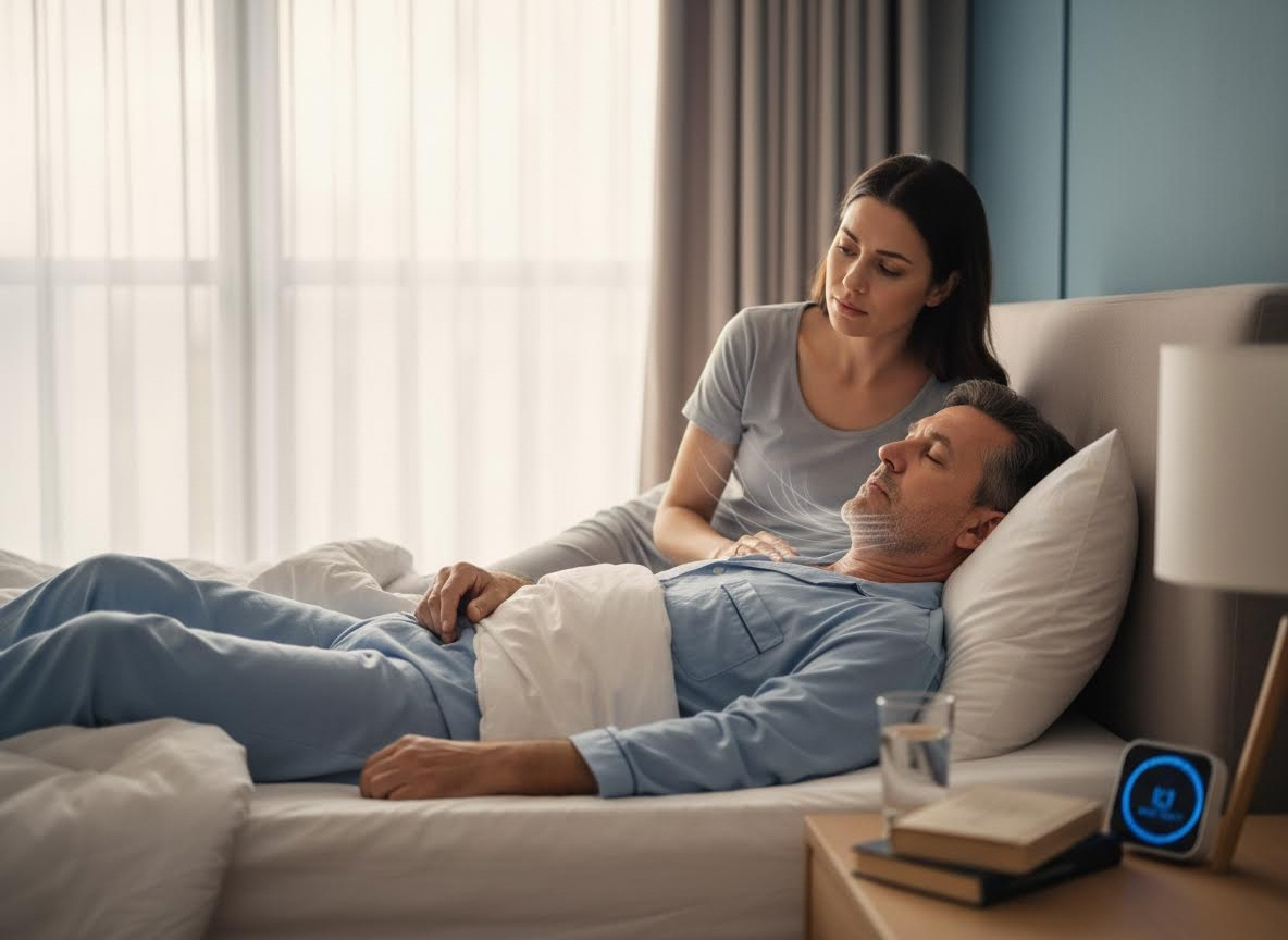 Woman observing a man sleeping in bed