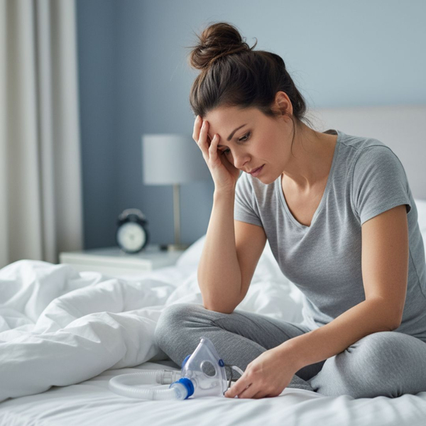 A woman frustrated with CPAP. A woman frustrated with CPAP.