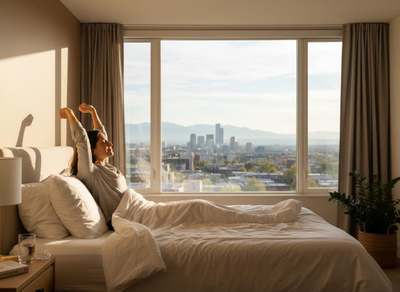 Woman Stretching in Bed with City and Mountain View