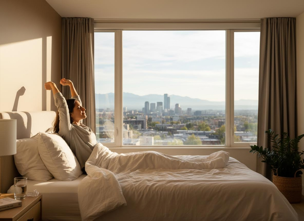 Woman Stretching in Bed with City and Mountain View