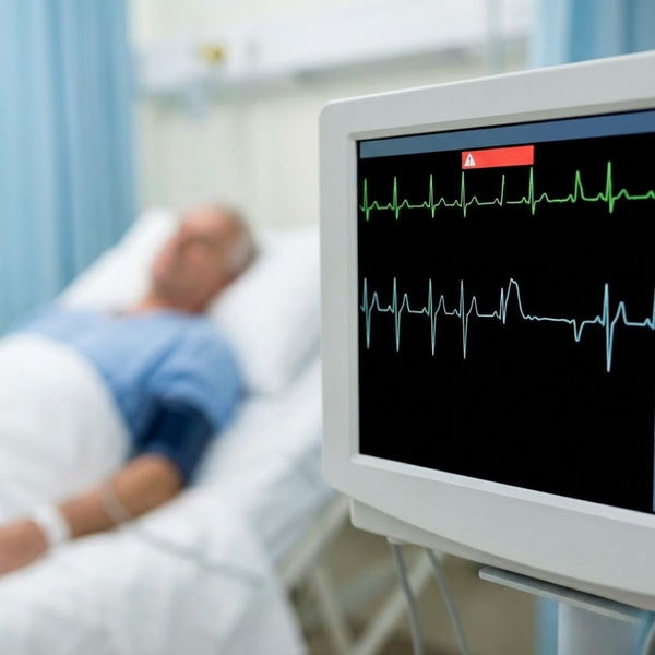  A hospital cardiac monitor screen displaying an irregular ECG heart rhythm.