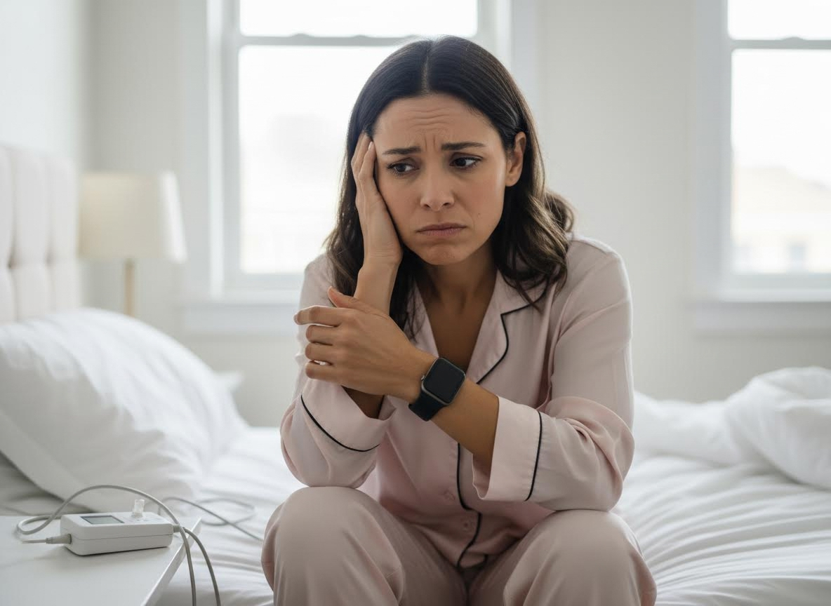 Distressed woman on bed with sleep monitor
