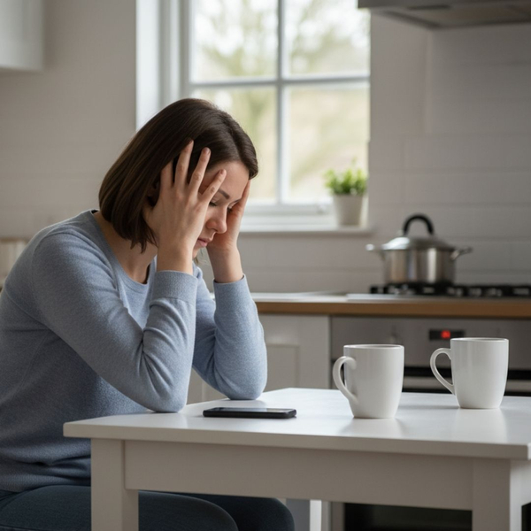 Woman looking fatigued, head in hands at kitchen table Woman looking fatigued, head in hands at kitchen table