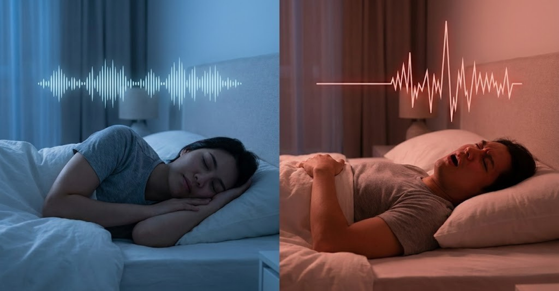 A person in bed looking startled and covering their ears from loud, erratic snoring noise. A person in bed looking startled and covering their ears from loud, erratic snoring noise.