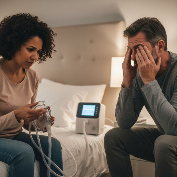 couple looking frustrated at a CPAP machine couple looking frustrated at a CPAP machine