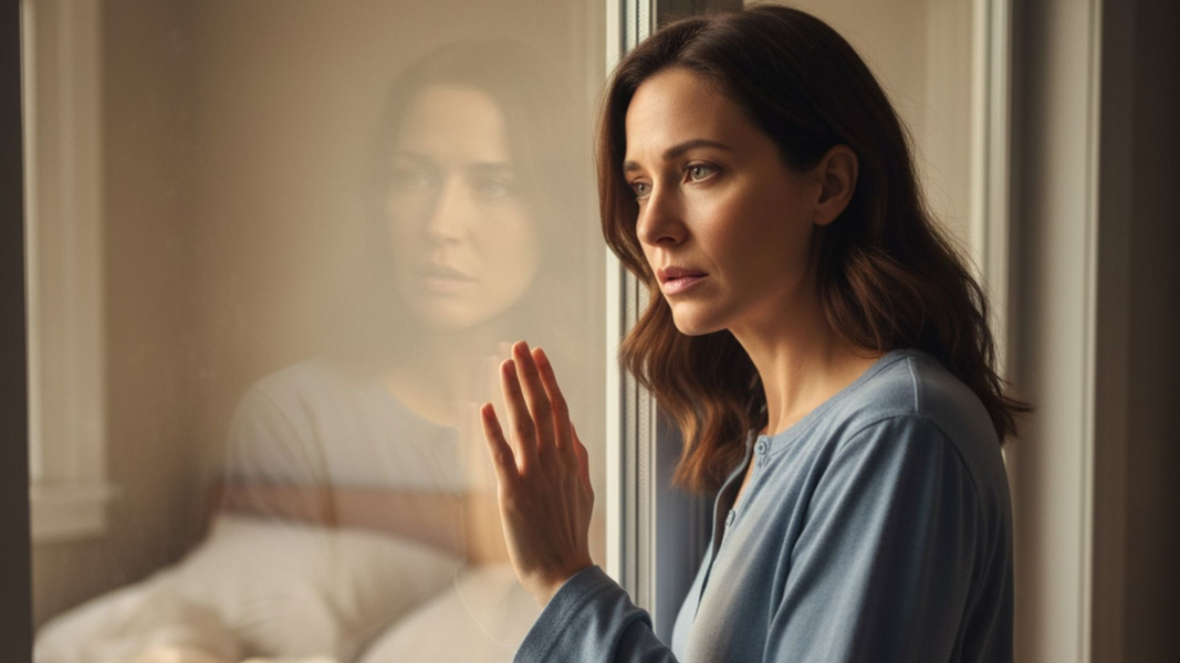 Anxious woman looking out window, subtle warm morning light