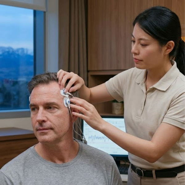 sleep technologist gently applying diagnostic sensors to a patient