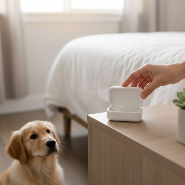 putting oral therapy device in case away from puppy