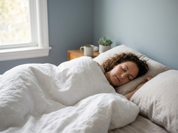 A woman with curly hair sleeps soundly on her side in a bed with white linen bedding, next to a window and a nightstand. Woman sleeping peacefully in bed with white linen