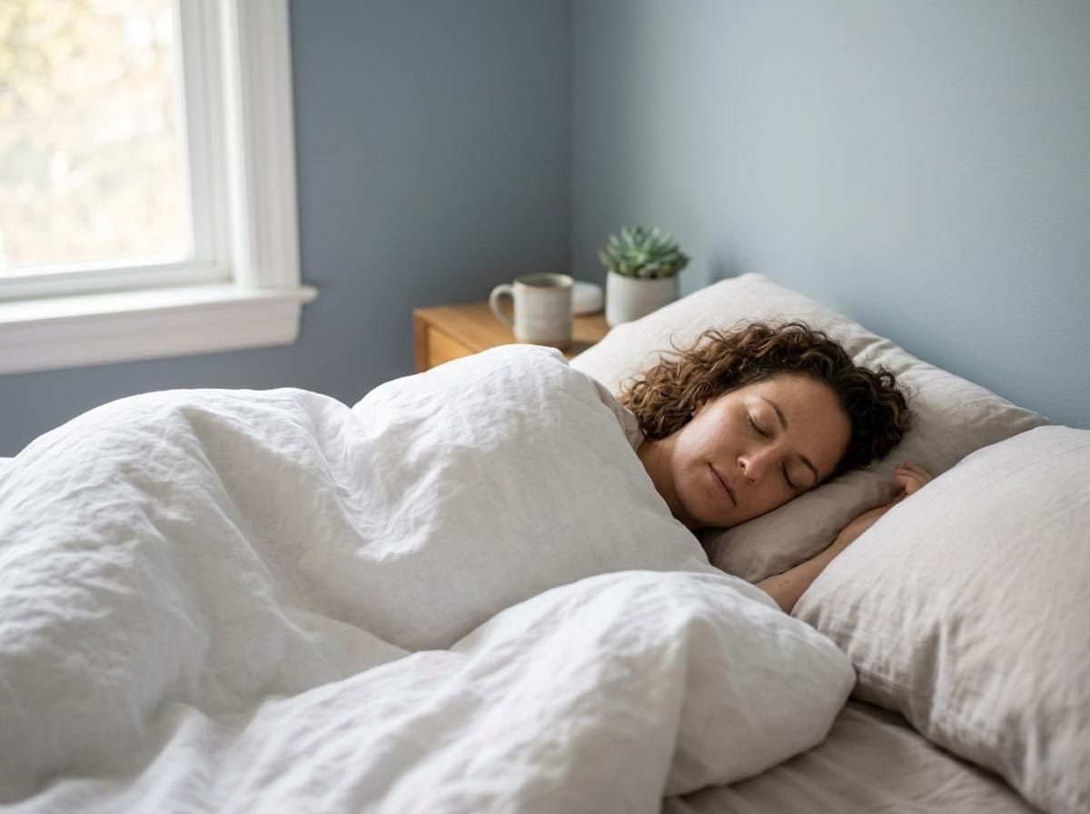 Woman sleeping peacefully in bed with white linen
