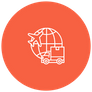 An icon representing global logistics with a globe, airplane, and delivery truck.