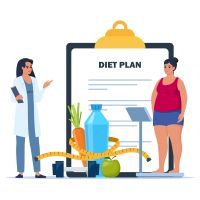 a diet plan icon with a doctor, health food, and a chart