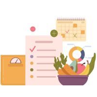 a diet plan icon with a scale, tracking sheet, calendar, and health foods