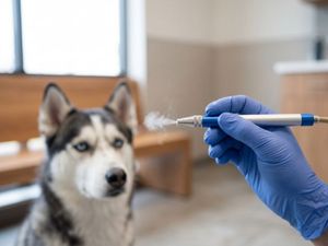 A close-up photograph of a veterinary technician using a modern blue fluorescent light therapy device on the distinctive skin folds of a relaxed English Bulldog's shoulder.
