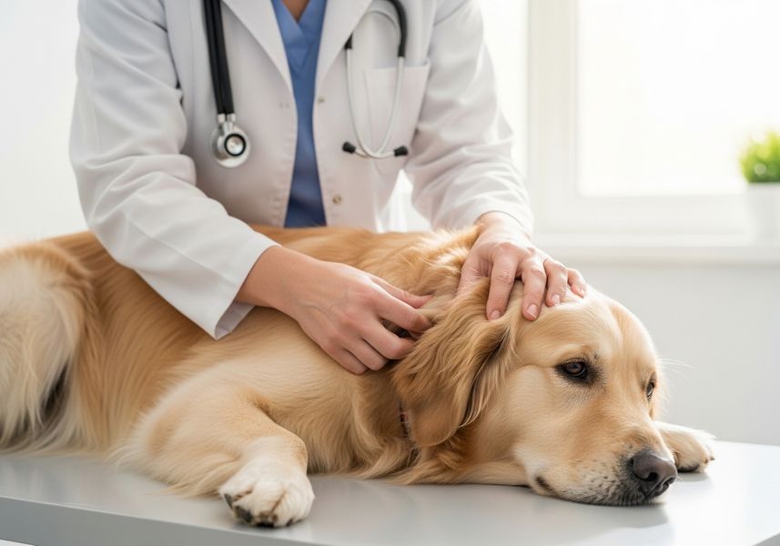 A veterinarian in a white coat and stethoscope gently examines a golden retriever lying on a table in a bright, clean clinic setting. Veterinarian Examining Golden Retriever