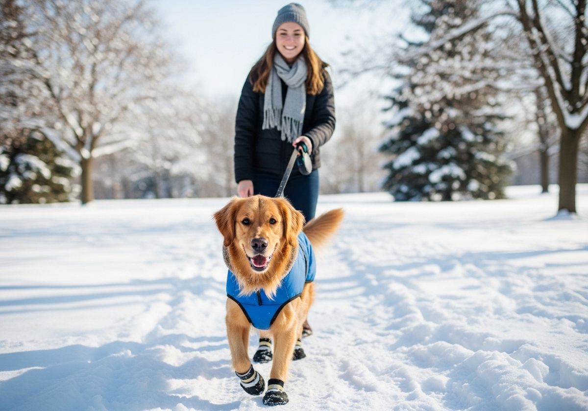 Golden Retriever on Winter Walk with Owner