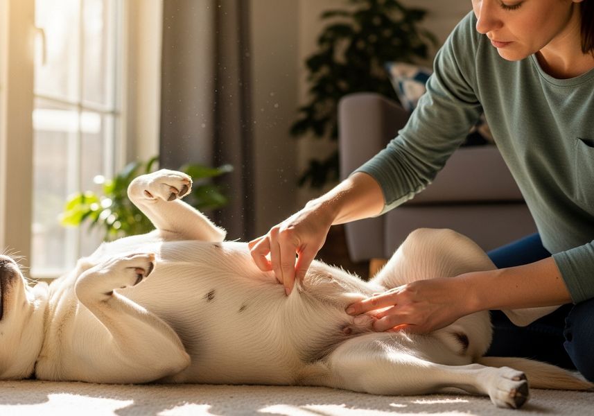 A woman pets her dog who is laying on its back on the floor. Sunlight streams through the nearby window as the woman scratches her dog's belly and the dog relaxes and enjoys the attention. Dog Getting Belly Rub