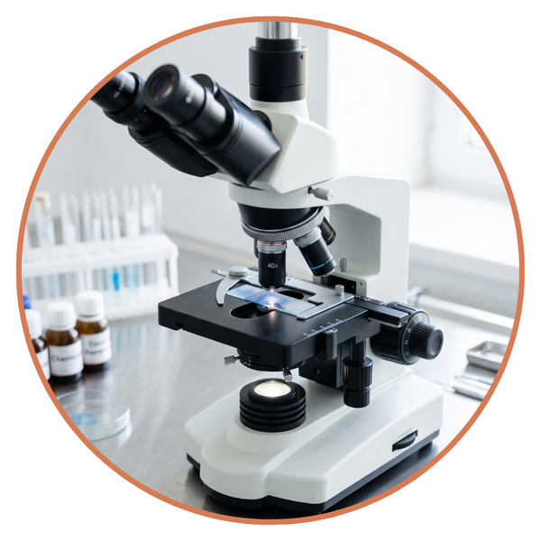 Modern veterinary microscope with a slide ready for diagnostic analysis in a laboratory.