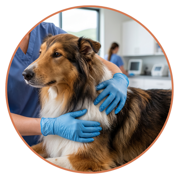 Gloved hands of a veterinary dermatologist gently inspecting a dog's skin.